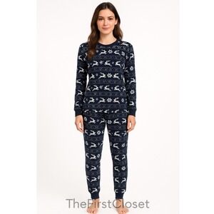 Holiday Time Navy Reindeer Snowflake Pajama Set Women's M Long Sleeve Pants